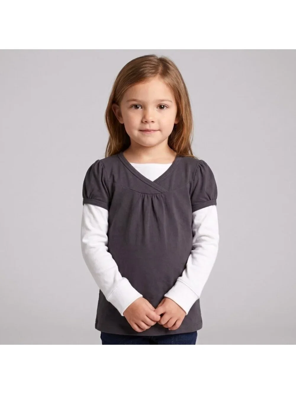 The Children's Place Girl's Dark Gray Double Sleeve Top Shirt in Child size 5-6